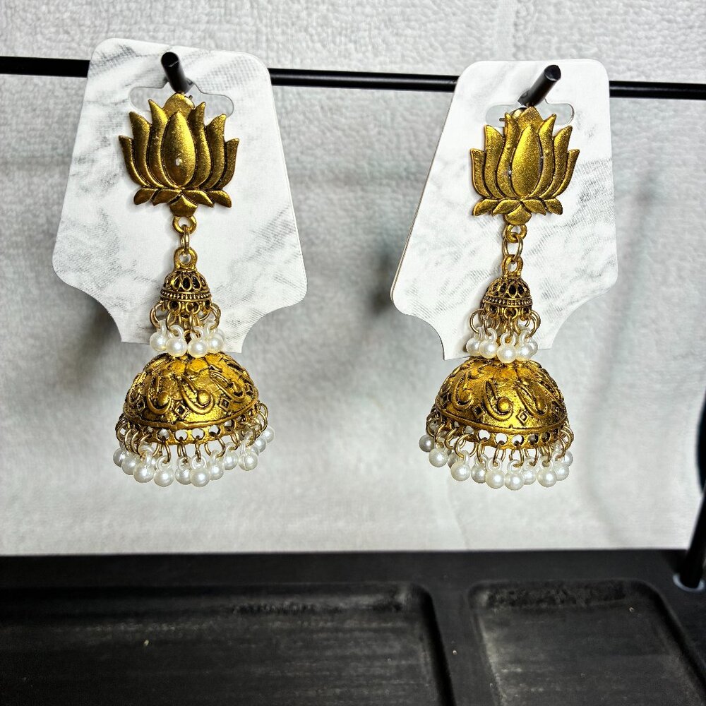 Women Indian Earring Lotus Shape, Indian Bell Pearl Tassel Earring